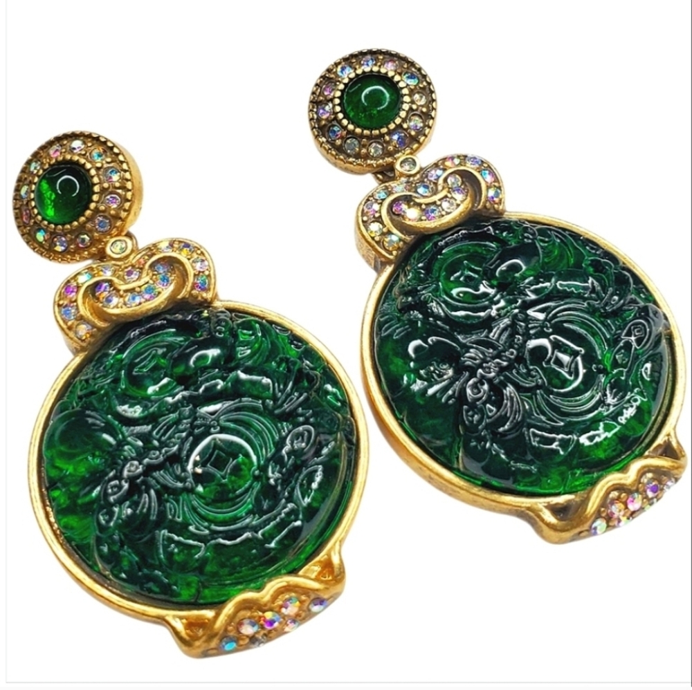 Oversized Gold Emerald Green Asian Dragon Crystal Statement Earrings - Picture 3 of 4